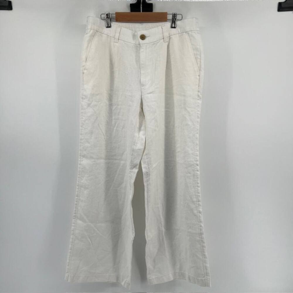 Lands End 100% Linen Trouser Pants Womens 10 Petite White Flowy Coastal Chic